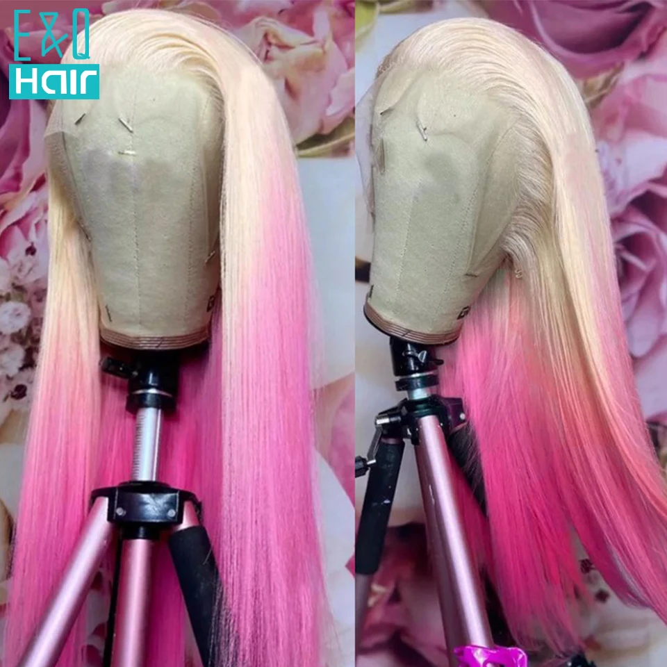 Peruca frontal de renda rosa reta para mulheres, cabelo humano brasileiro, loiro colorido, peruca frontal transparente