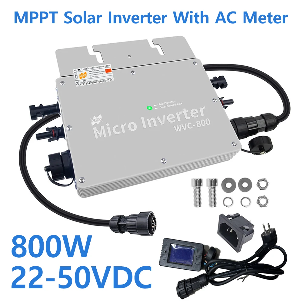 

800W MPPT Solar Micro Inverter On Grid 22-50VDC Input Converter With AC Meter Waterproof For Solar Panel To 110V 220V Grid