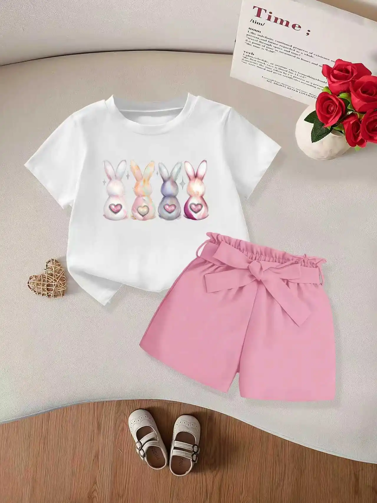 2 pieces: Easter Day Girls Summer Short Sleeve Woven Shorts Set Cartoon Rabbit Print Bow Decor