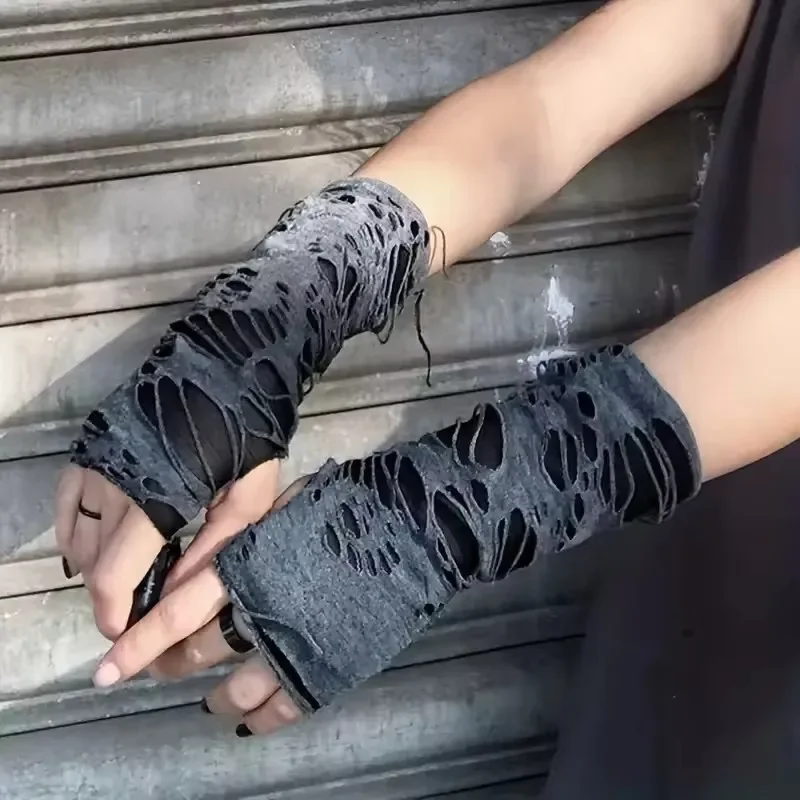 New Hot Sale Fashionable Simple Gothic Fingerless Gloves Unisex Tear Design Stretchy for Party Preparation and Durable