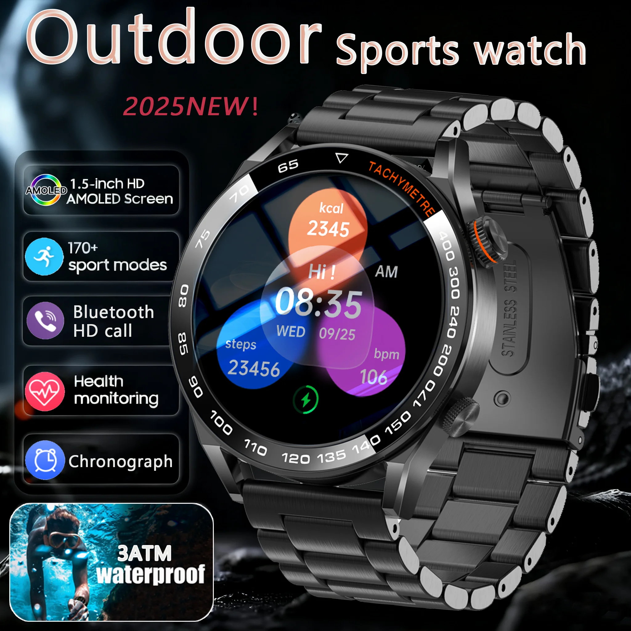 

2025 NEW Popular Outdoors Sports Smart Watch Men 350mAh Bluetooth NFC 1.5 HD Amoled Call 3ATM depth waterproof Watch Men Men
