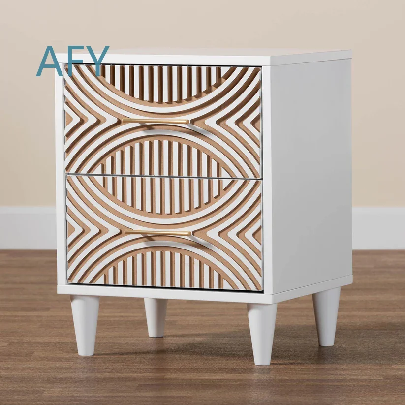 Hand Carved Convertible Solid Teak Wood Nightstand for Modern Apartment Bedroom Living Room Furniture with Geometric Pattern