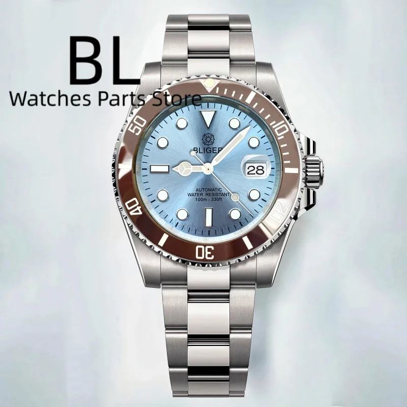 BLIGER Ice Blue Dial Diver Automatic Watch For Men Brown Ceramic Bezel NH35 40mm Stainless Steel Saphir Waterproof Watch Relogio