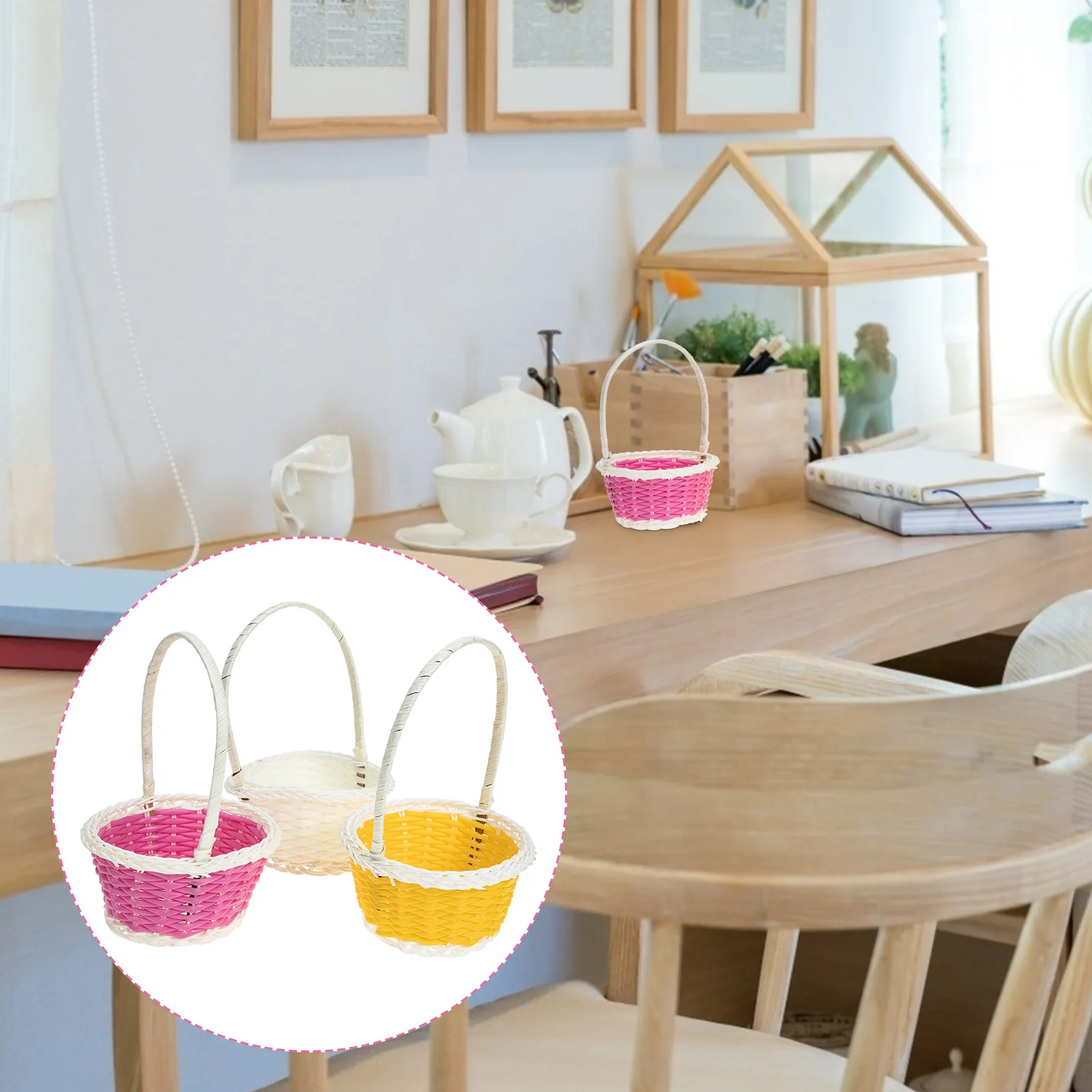 

3pcs Imitation Rattan Woven Storage Basket Decorative Small Baskets Home Organization Kids Room Plastic Craft Gift Set