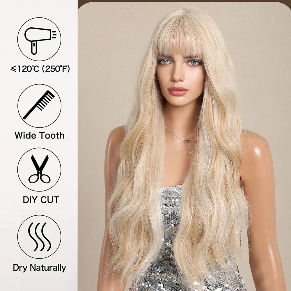 EASIHAIR Platinum Long Silky Synthetic Wigs with Bangs Body Wave Natural Hair Heat Resistant Cosplay Daily Party Wig for Women