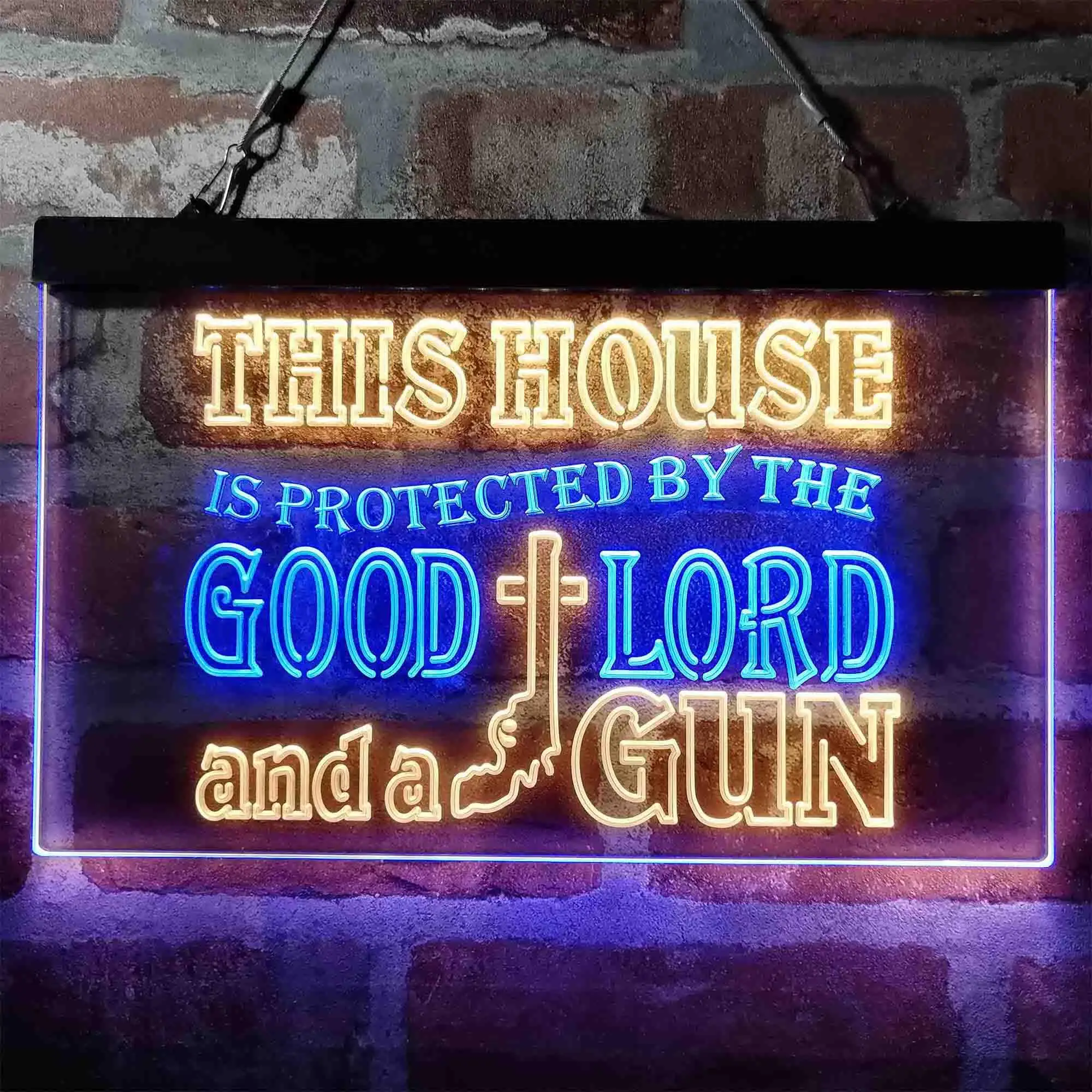 Humor House Protected by Good Lord and a Gun Dual Color Led Neon Sign st6-i3967