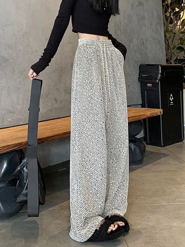 กางเกงขายาวทรงขากว้างผู้หญิง สไตล์ลำลอง สำหรับฤดูใบไม้ร่วงและฤดูหนาว รุ่นใหม่ เอวยางยืดสูง ผ้าถักโพลีเอสเตอร์ผสมสแปนเด็กซ์