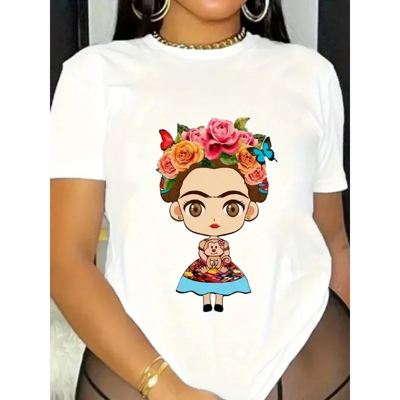 Camiseta para mujer con estampado de dibujos animados Frida, camiseta informal de manga con cuello redondo, camiseta de verano para mujer, ropa de moda