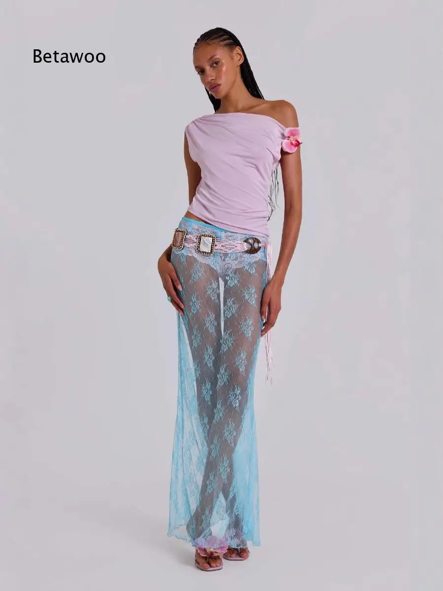 Women Lace Mesh Maxi Skirt Sheer Hollow Out Design Flowy Bottoms Elegant See Through Skirt For Party Dating And Various Styling