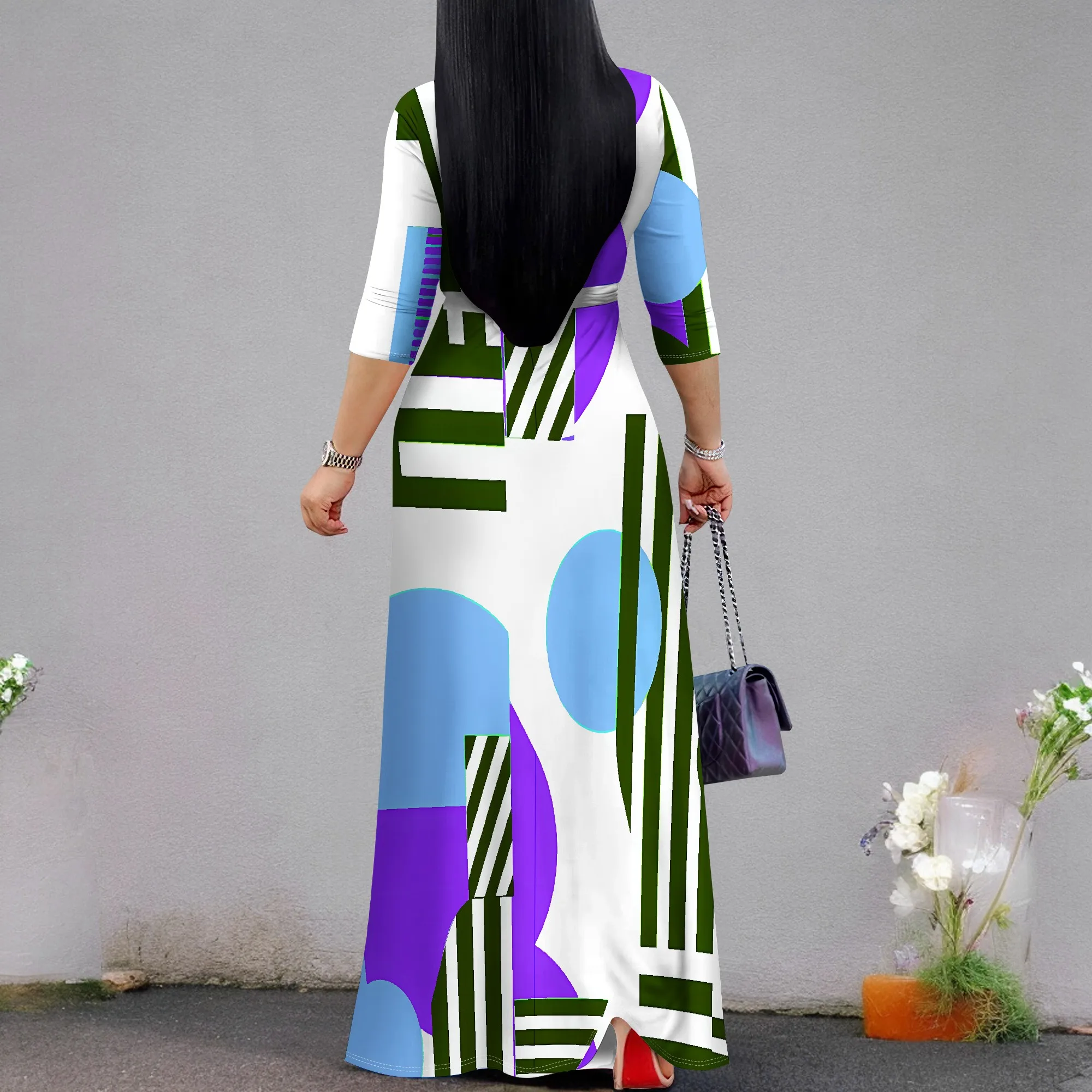 Abito lungo Boho ampio da donna a maniche corte sexy con scollo a V, abito lungo da vacanza casual con orlo diviso stampato alla moda