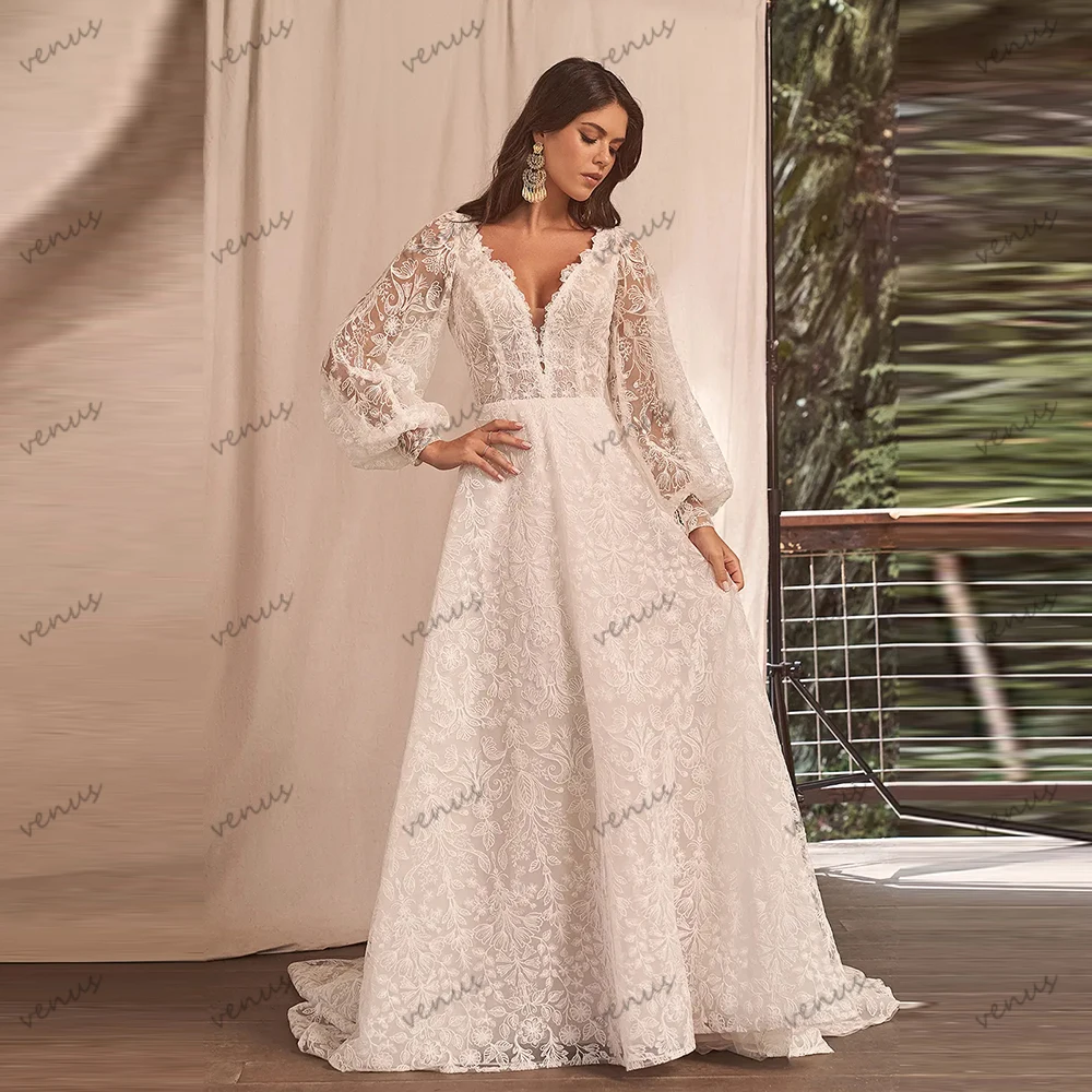 

Exquisite Wedding Dresses Luxury Bridal Gowns Lace Appliques Long Puff Sleeves Backless Charming Vestidos De Novia Customized