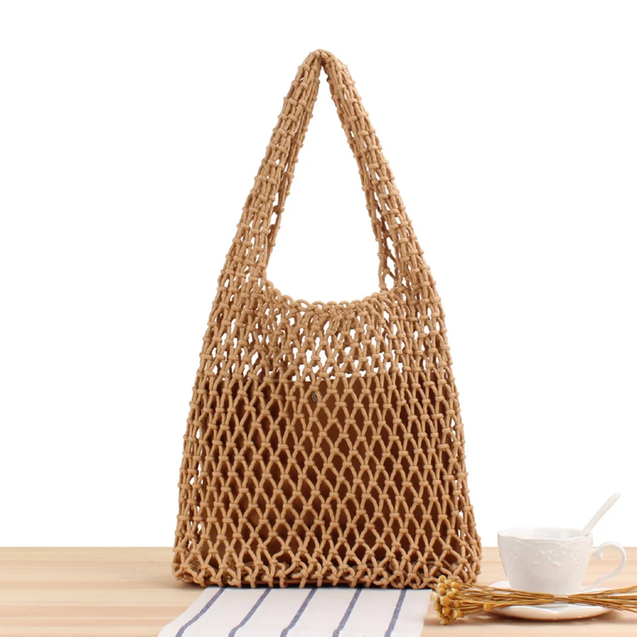 

Summer Beach Bag For Women Mesh Rope Knitted Bucket Shoulder Bags Reticulate Hollow Travel Daily Totes Cotton Thread Handbags