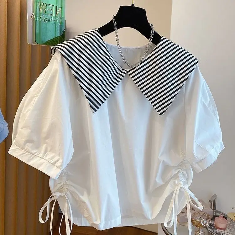 Korean Design Niche Striped Lapel Hem Drawstring Shirt Women's Short Doll Shirt Navy Doll Collar Top
