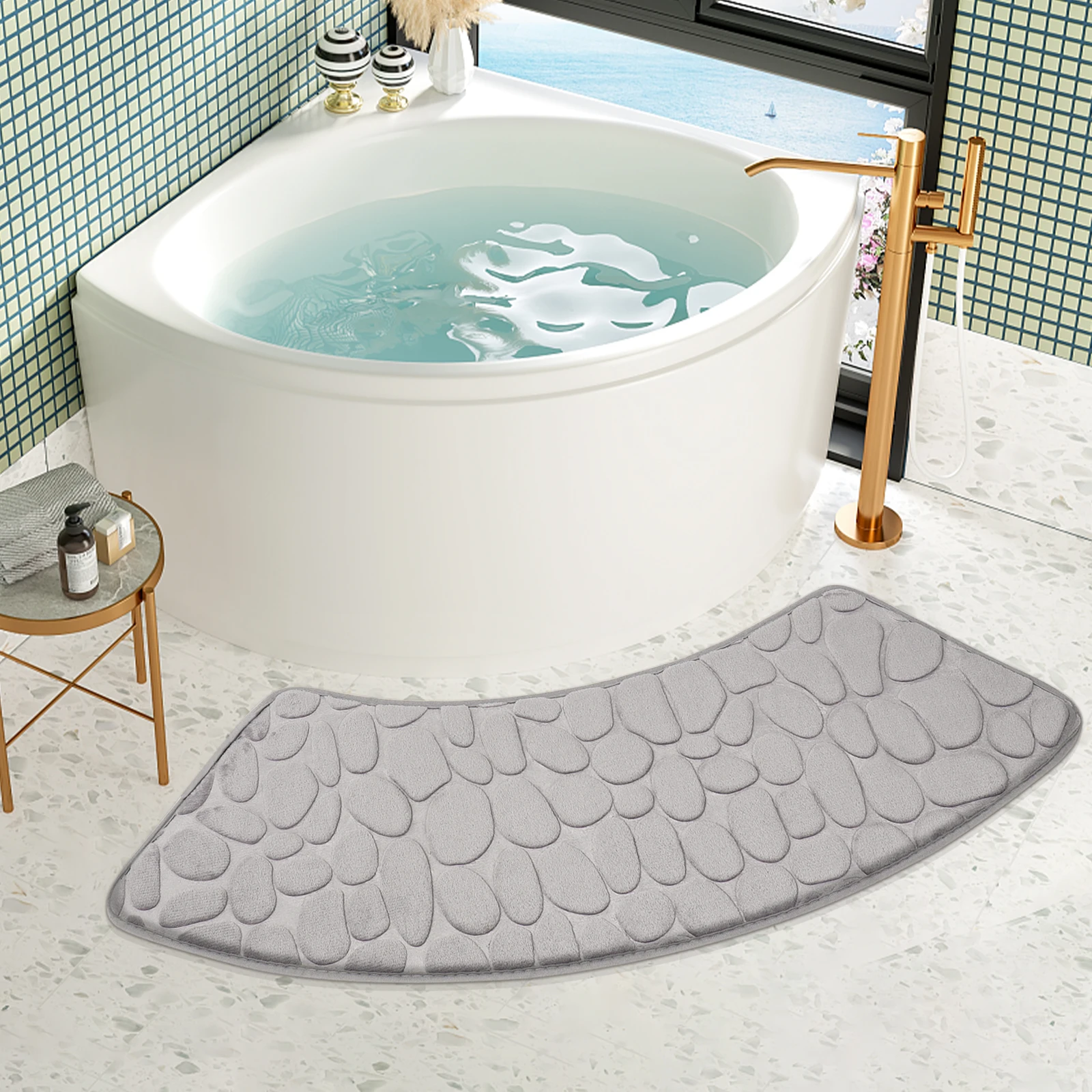 Curved Bathroom Mat Pebble Embossed Bath Mat Curved Shower Carpet Non-slip Area Rug Absorbent Floor Mat Toilet Curved Foot Mat