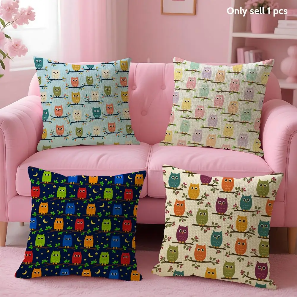 Bright Colorful Owls Cushion Cover Linen Organic Fabric Double-Sided Printing Sofa Breathable Home Decor Gift Pillow Case