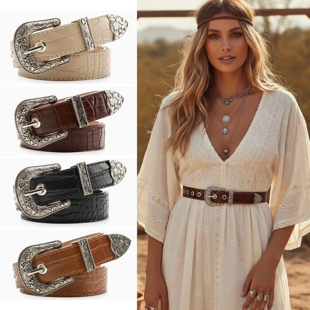 Fashion Pin Buckle Carved Buckle Belt Vintage Hip Hop PU Leather Belt Y2k Girdle Embossed Belt