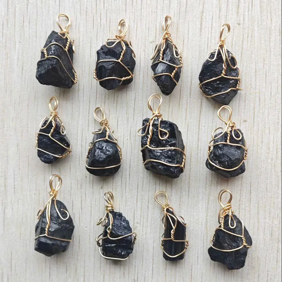 자연 검은 전기석 에너지 스톤 와이어 Wrappe 불규칙한 모양의 펜던트 쥬얼리 액세서리 만들기 도매 12 개/몫