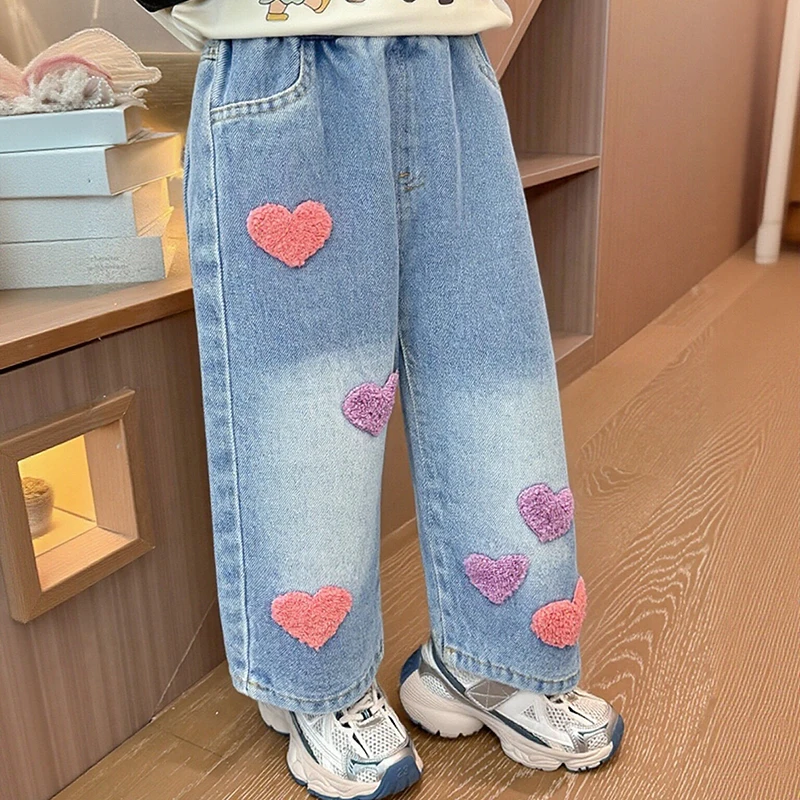 Calças Jeans para Meninas, Corte Reto, Largas, Desgastadas, em Denim Macio, Novidade de Outono, Calças de Perna Larga para Meninas