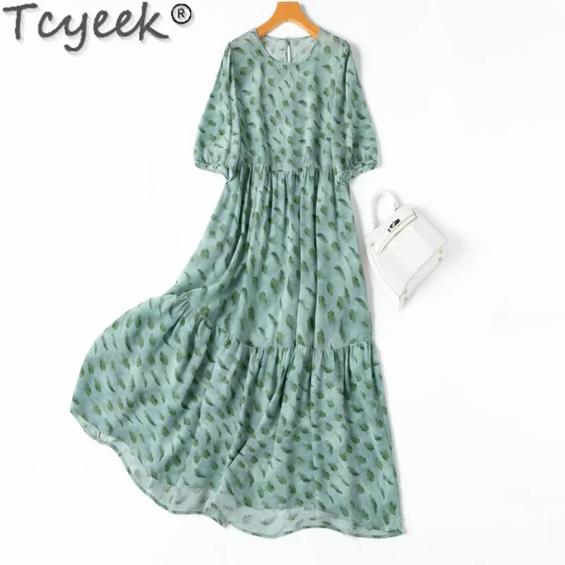 Tcyeek-Vestidos Elegantes de seda de morera para Mujer, ropa de verano 100%, vestidos Maxi para Mujer, vestidos de playa con cordones, 2024