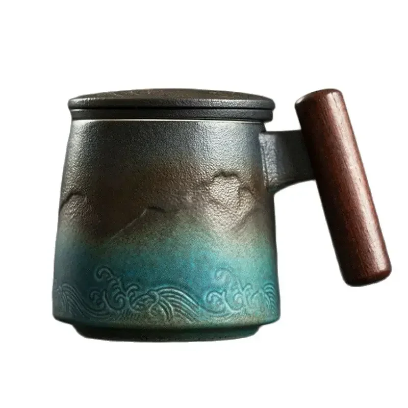 Taza de café retro de cerámica, taza de agua para oficina, taza de té con filtro y tapa, tazas y jarras con asa de madera, caneca, caja de regalo de cumpleaños CM061