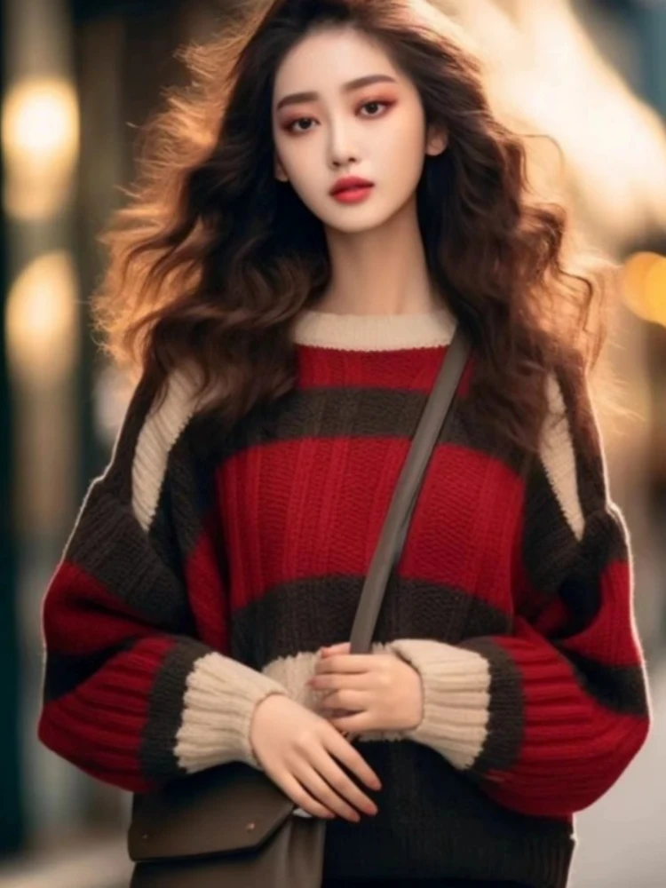 Stricken frauen Pullover Koreanische Winter Kleidung Mode Lose Herbst Freizeit Jumper Streifen Lange Ärmel Frauen Pullover