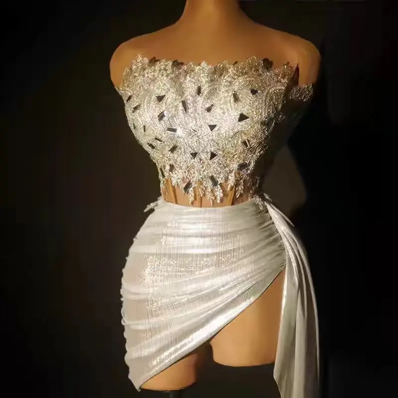 

New High End Dress Fashionable And Sexy Tube Top Rhinestone Chain Waist Skirt Suit Bar Nightclub Performance Clothing