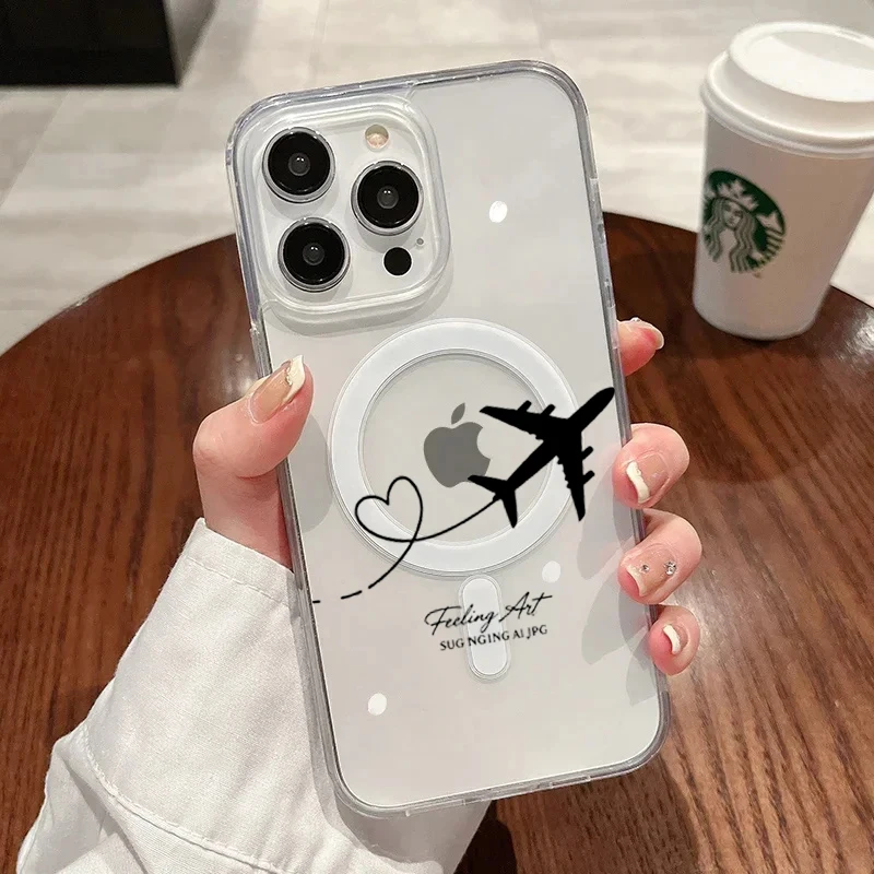 

Airplane Love Heart Phone Case For iPhone 17 Pro 16 11 15 14 12 13 Pro Max For Magsafe Shockproof Transparent TPU Silicone Funda