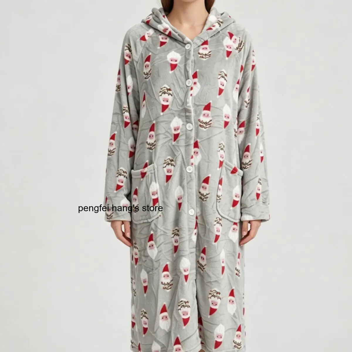 Thick Flannel Hooded Sleep Robe Santa Print Open Front Bathrobe Nightgown Women Long Sleeve Homewear Winter New Loungewear