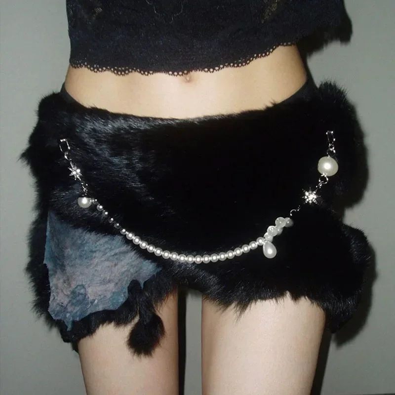 Black Rabbit Fur Belt Y2K Pearl Chain Furry Fur Sexy Vintage Cowgirl Belts Gothic Punk Star Waistband Jeans Night Club Accessory