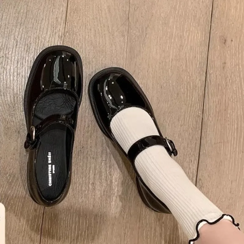 

Women Genuine Leather Loafers Shoes with Square Toe Single Button Mary Jane Style Women Shoes Thick Heels Comfortable Flat Shoes