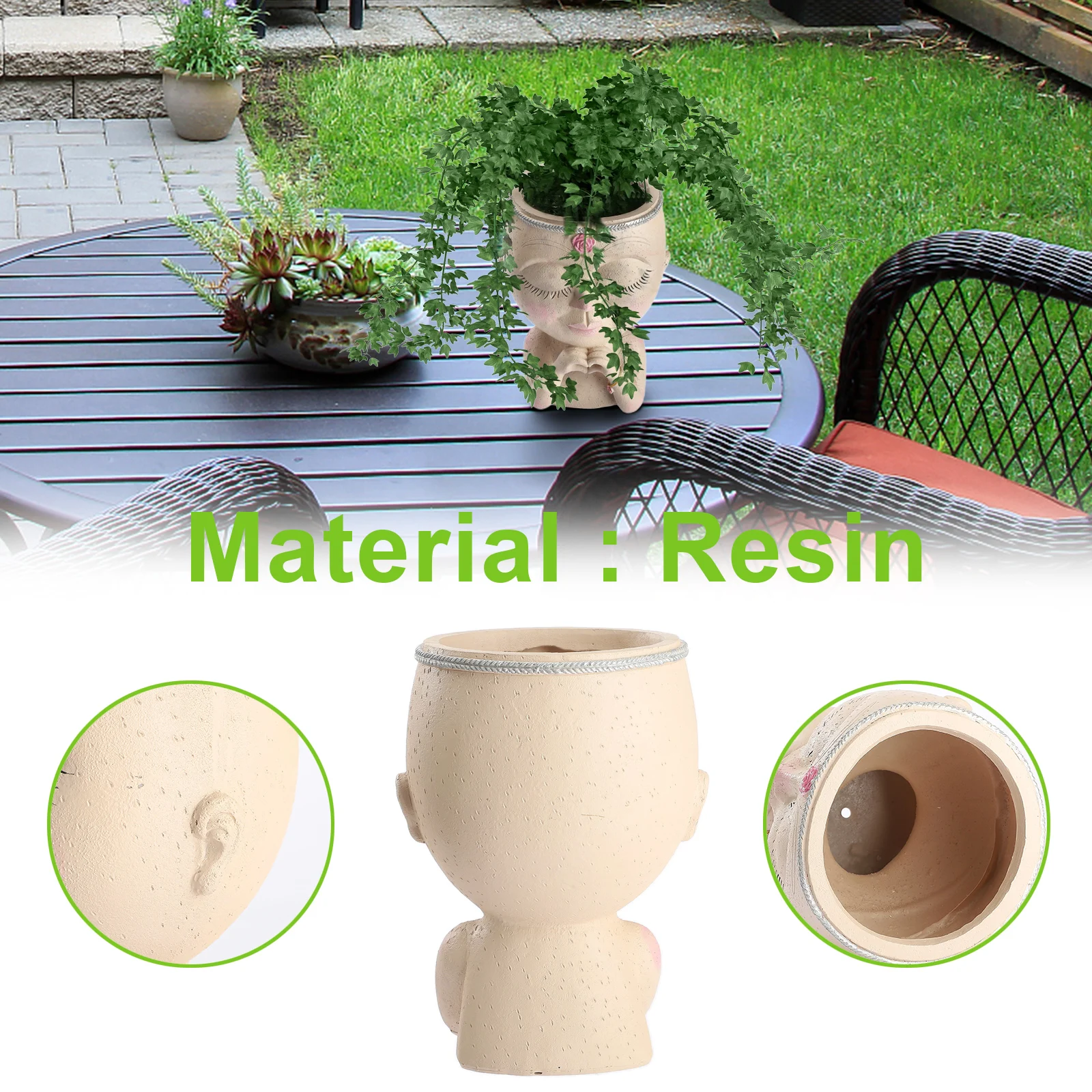 Face Head Planter Succulent Plant Flower Pot Resin Container With Drain Holes Flowerpot Figure Garden Decor Tabletop Ornament