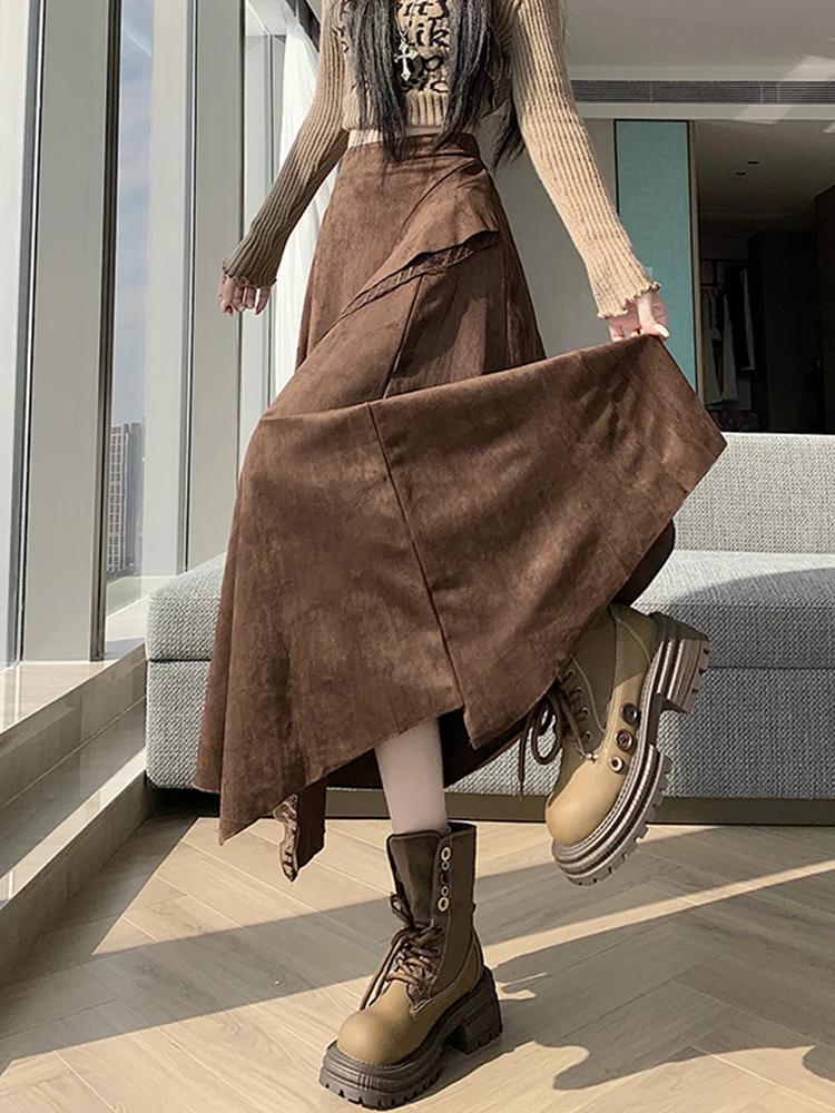 

High Waist Suede Skirt Women's Winter New Sle Lace Splicing Asymmetrical A-Line Long Skirt Casual American Sle