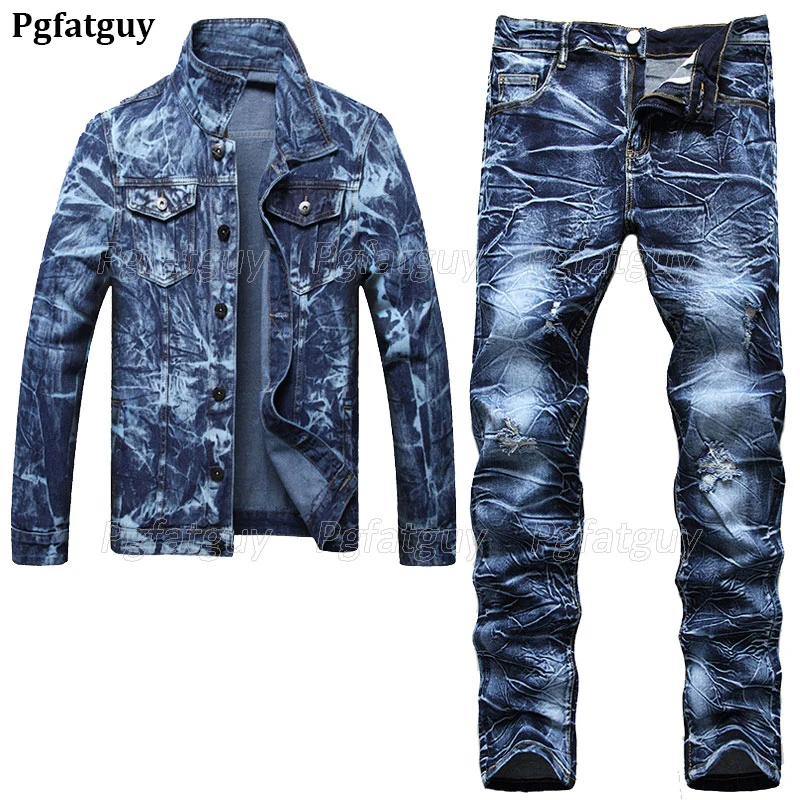 Casual Loose Men's 2 Piece Sets Irregular Tie Dye Long Sleeve Denim Jacket and Ripped Jeans Spring Autumn Size M-5XL Men Outfit