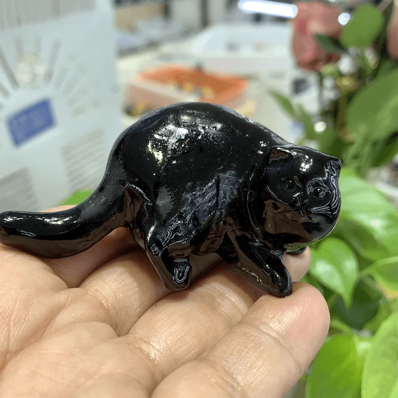 Natural Black Obsidian Cartoon Cat Carving, Quartz Healing Crystal Stone, Cute Birthday Present, Home Decoration, 1Pc