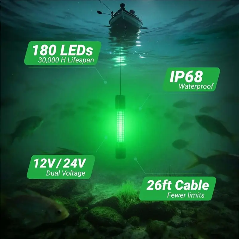 B50C Underwater Fishing Light, 12V-24V Dual Voltage, Sea Fishing Light For Boat, Ice, Dock, Saltwater And Freshwater Fishing