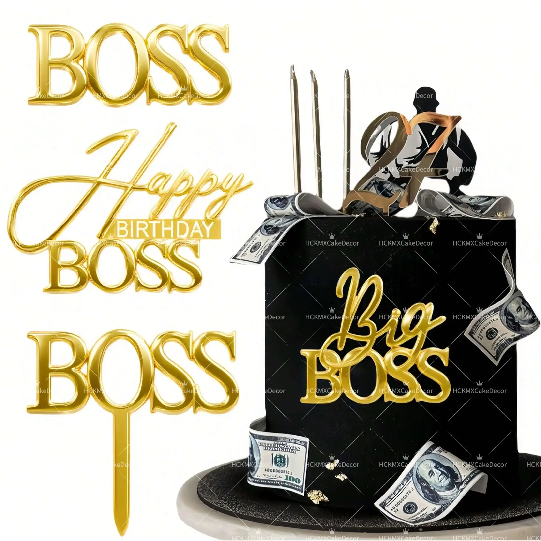 3/6 Piezas Decoración de Pastel de Cumpleaños de Acrílico Dorado con la Frase 'Boss', Adornos para Pastel 'Big Boss' para Fiestas de Cumpleaños de Jefes