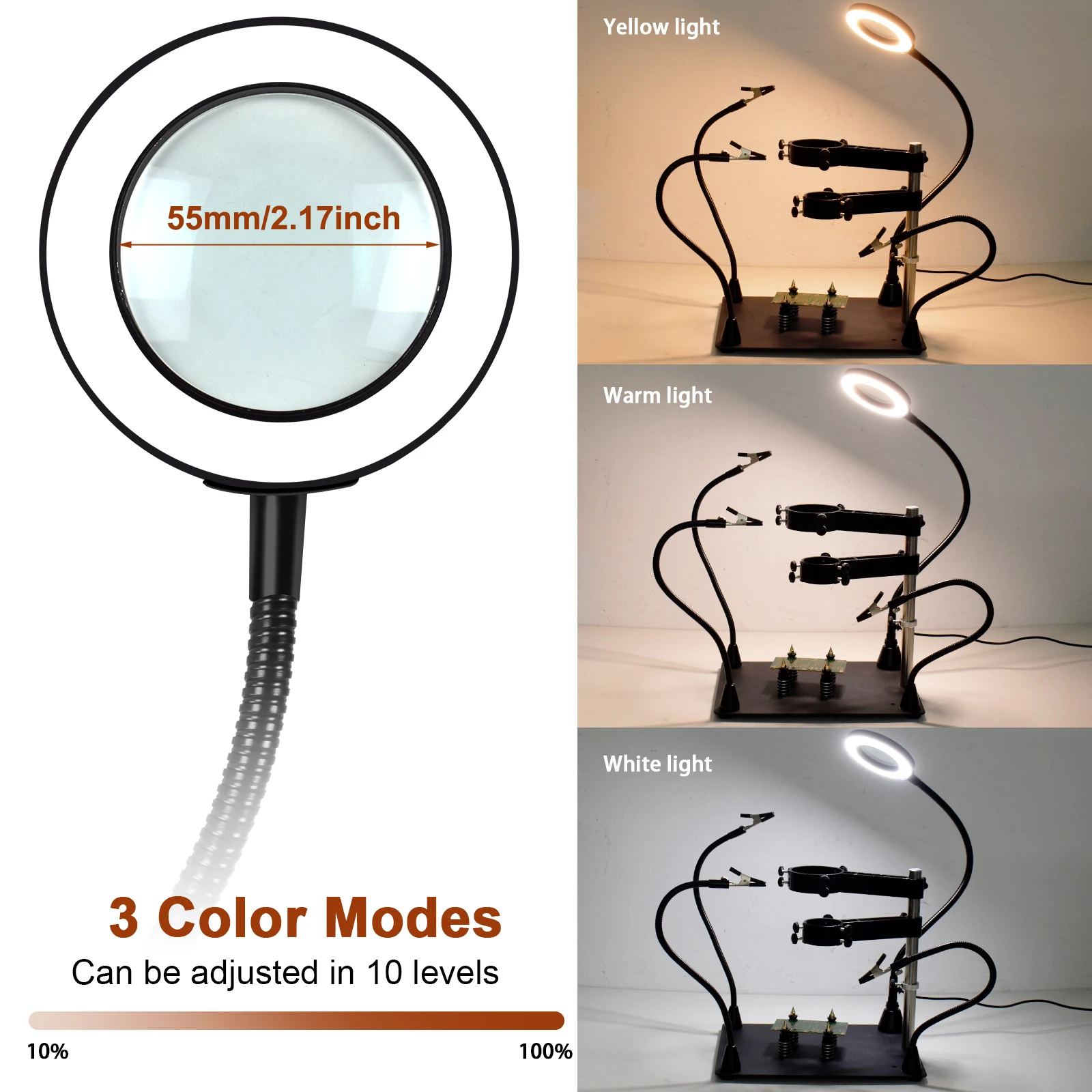 NEWACALOX Magnetic Flexible Welding Third Hand Heat Gun Holder with 3X LED Magnifier for PCB Repair Helping Rework Station