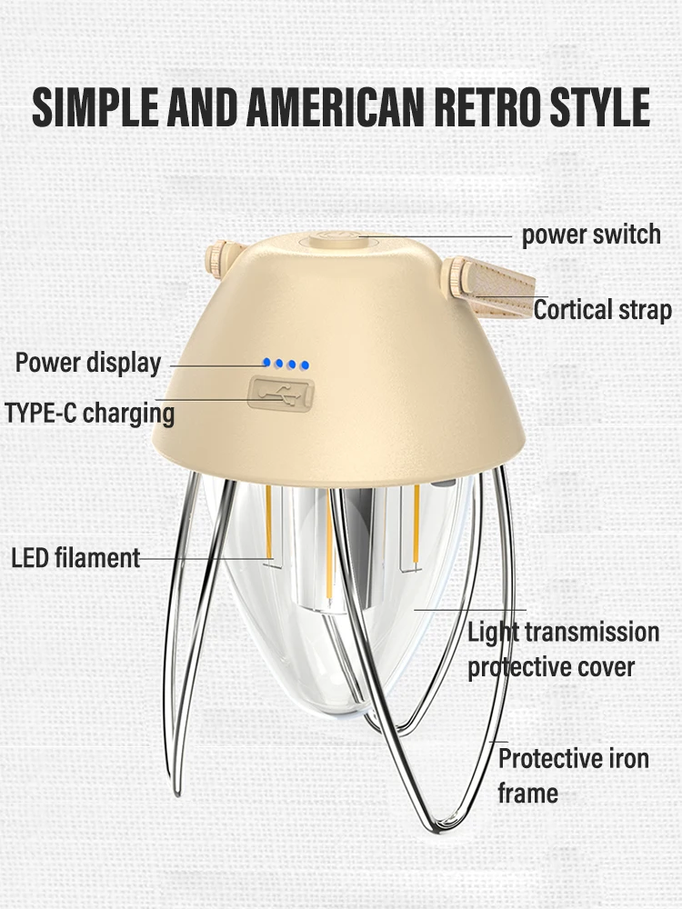 Rechargeable Portable Lantern American Vintage Style Camping Lights Tent Lights Stepless Dimming Tent Outdoor Lighting Equipment