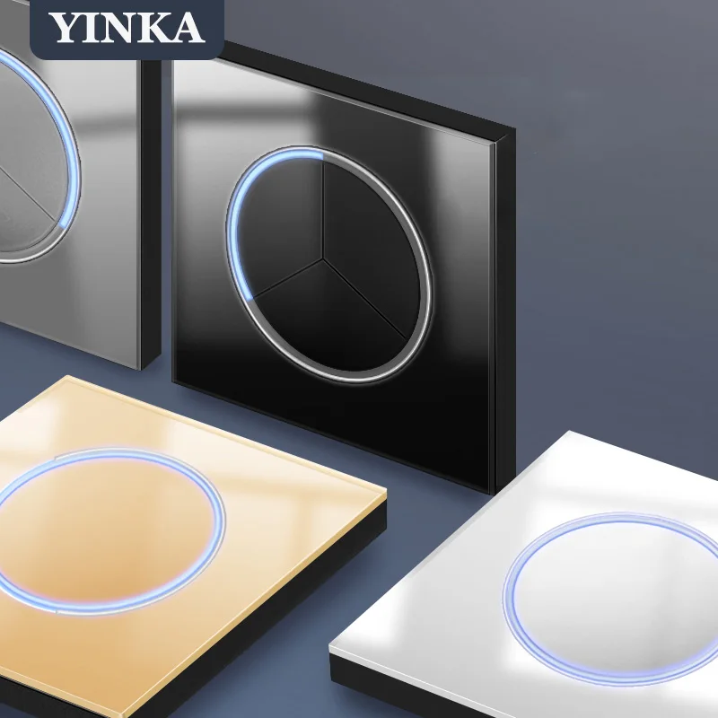 YINKA Light Switches for Home Crystal Tempered Glass Switch Panel Circular Ring LED Light 86*86mm Home Improvement 2 Gang/ 2 Way