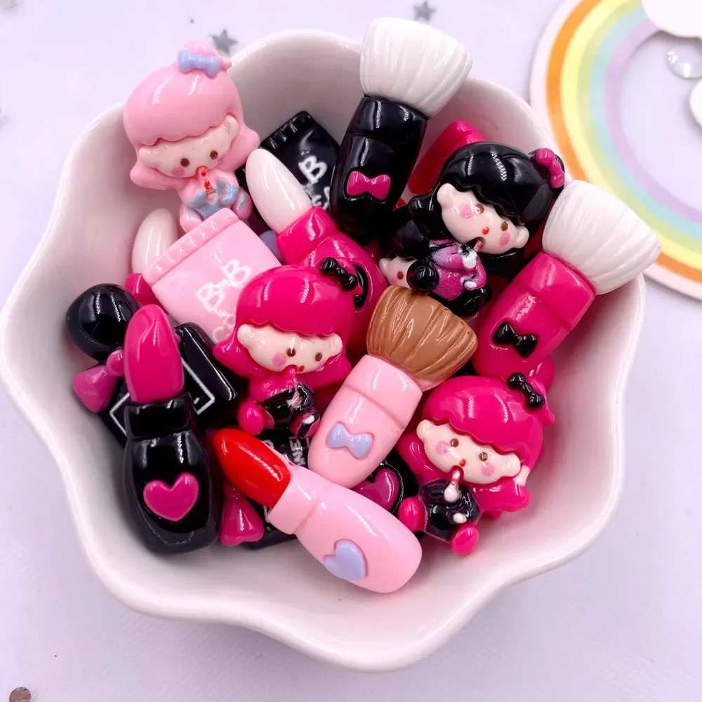 10pcs Colorful Mixed Mini Resin Kawaii Girl Makeup Tool Flat back Cabochon Figurines Scrapbooks DIY Bow Accessories Decor Crafts