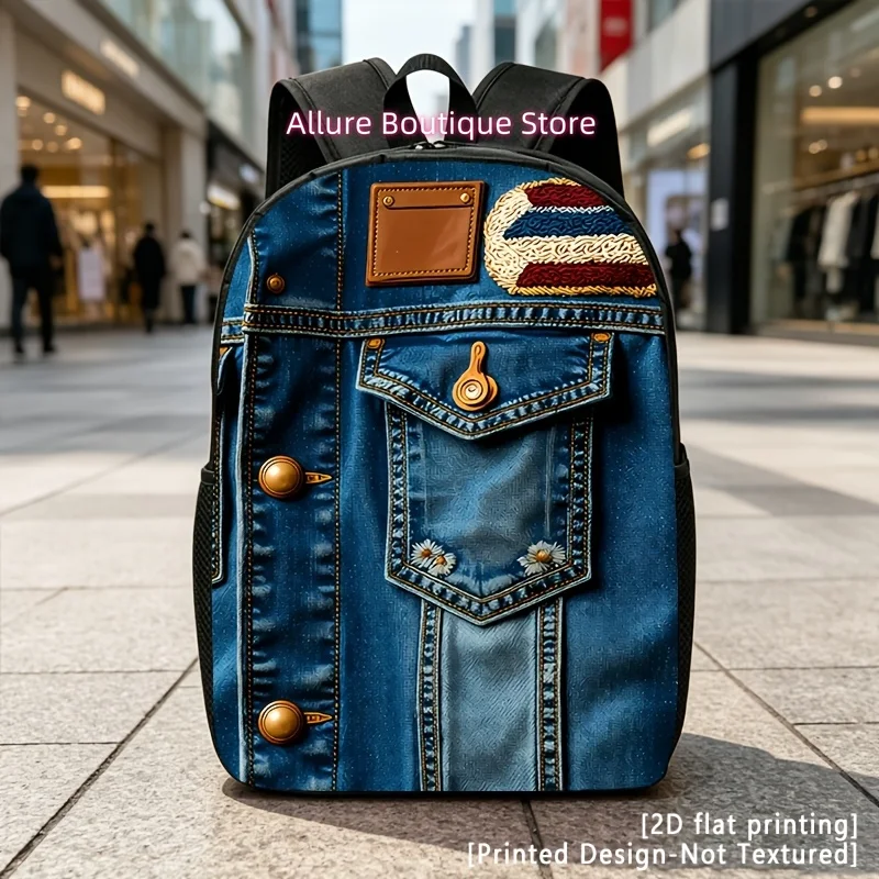 Blue Faux Denim Jacket Detail, Casual Backpack, Travel Laptop Backpack, 2D Flat Printing, Rucksack with Ample Capacity - Suitabl