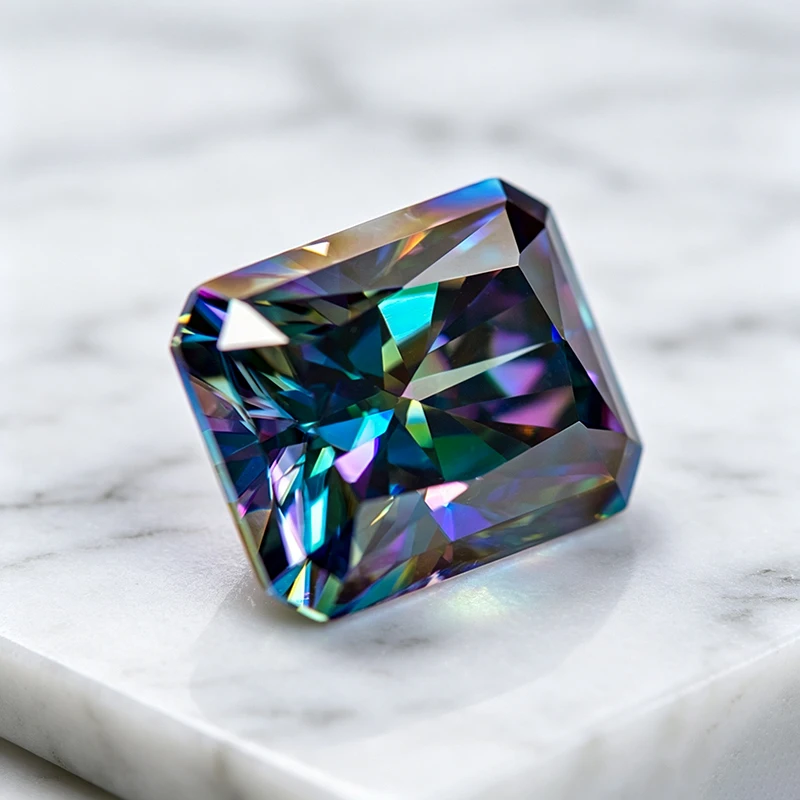 Moissanit-Stein im Radiant-Schliff, Regenbogengrün, Laborgezüchteter Edelstein für DIY-Charms und Schmuckherstellung, Besteht Diamanttester mit Zertifikat – Detail 4