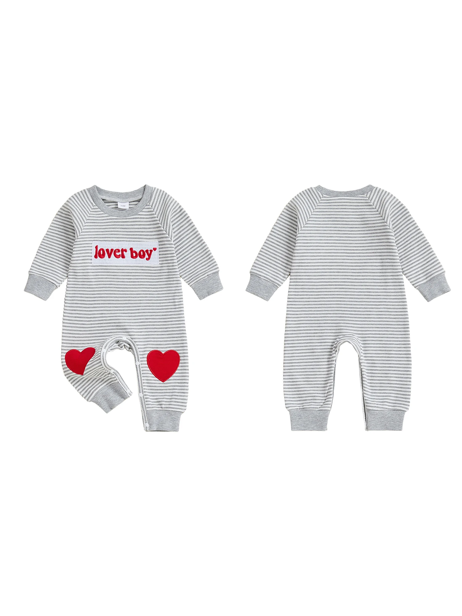 

Полосатый комбинезон на День святого Валентина для маленьких мальчиков, круглым вырезом с длинными рукавами и вышивкой в виде сердца — очаровательный комбинезон для вашего