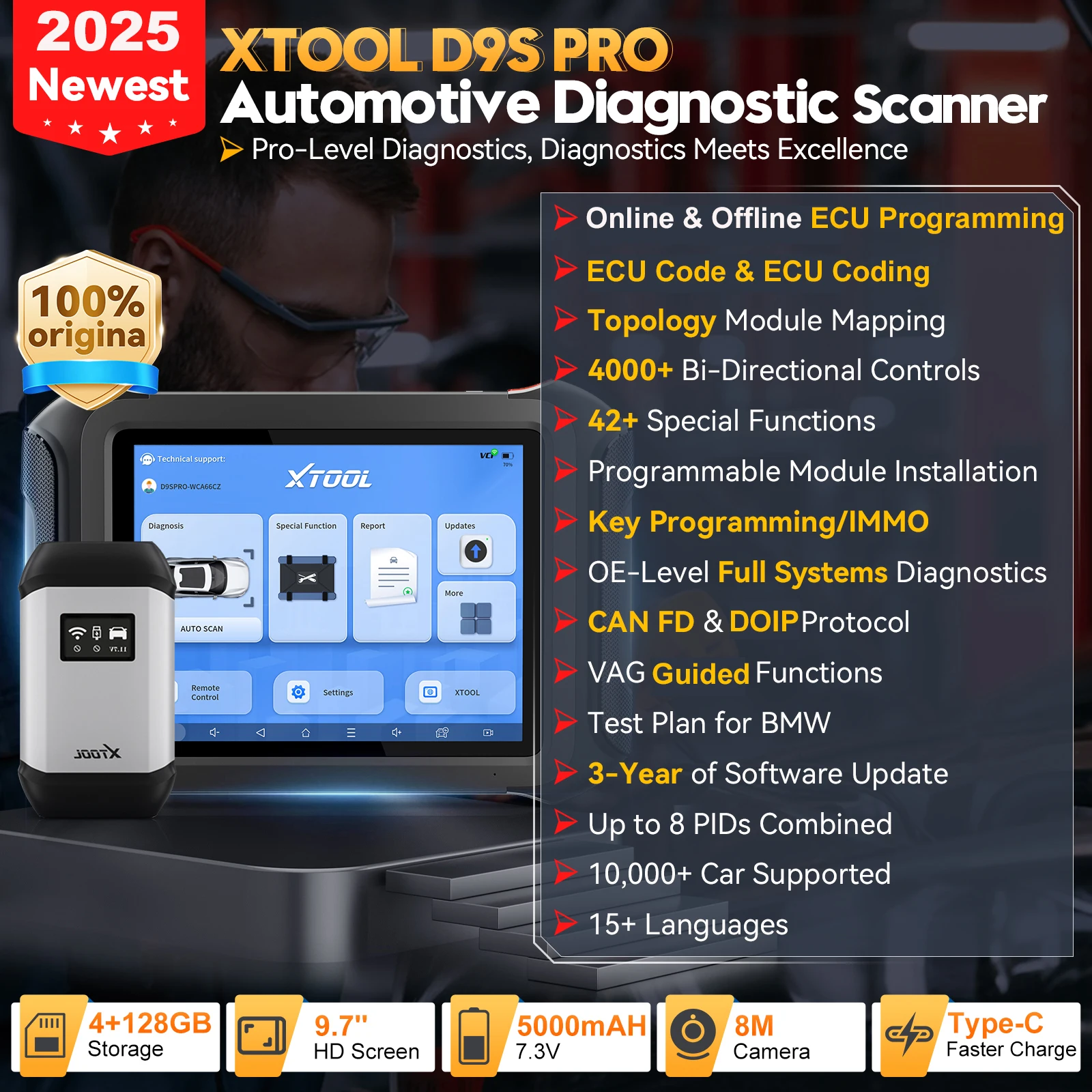 XTOOL D9S PRO Bluetooth Diagnostic Tool Bidirectional Scanner ECU Programming 42+ Services Topology Map FCA Auto Auth CAN FD