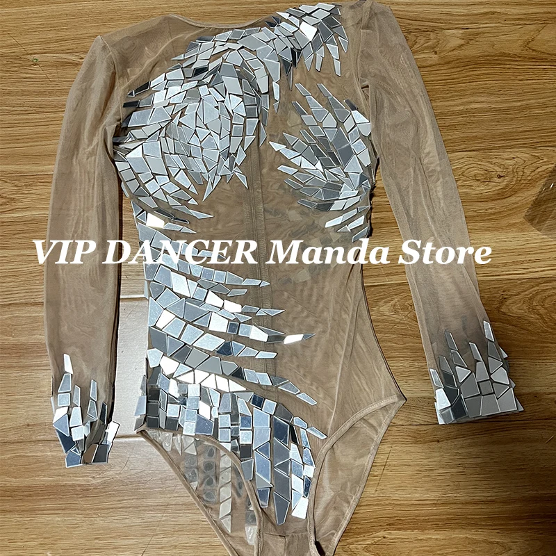 Body de lentejuelas con espejo plateado para mujer, accesorios para la cabeza, traje de baile Gogo para club nocturno, ropa de baile en barra VDB5792