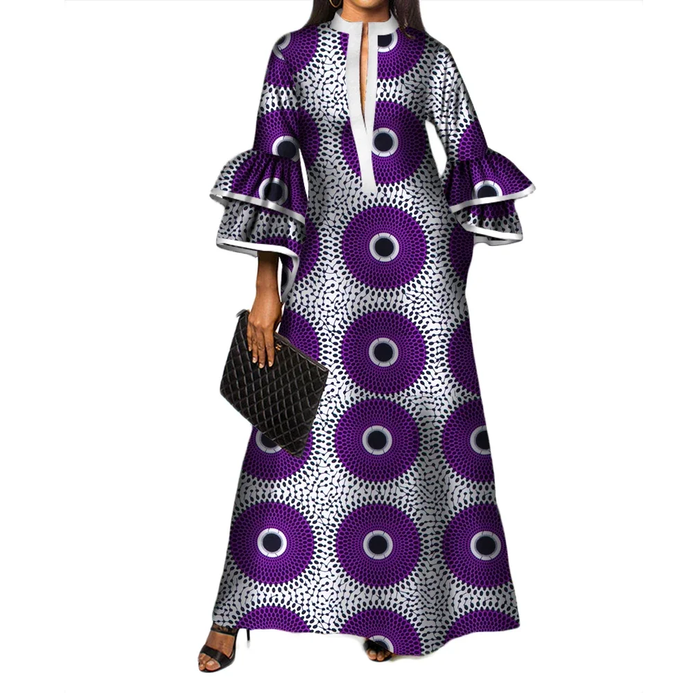 African Print Long Dresses for Women Cotton Ruffles Long Sleeve Dresses Vestidos African Design Church Causal Clothing WY3472