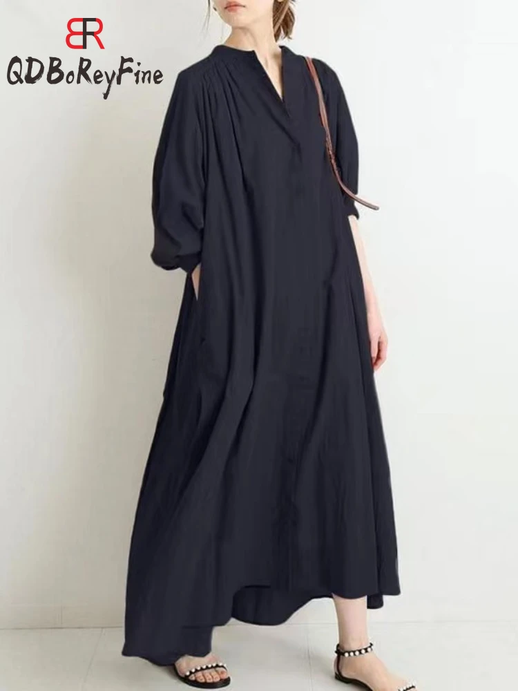 Wiosna Koszule Damskie Sukienka Vintage Długi Rękaw Koreański Solidny Casual Oversized Vestidos De Mujer Boho Maxi Długa Sukienka dla Kobiet