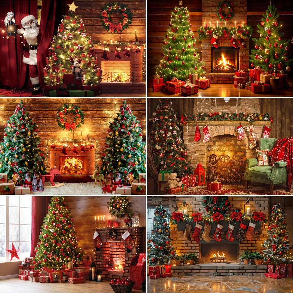 Christmas Brick Wall Fireplace Photography Background Xmas Tree Gifts Wreath Room Decor Banner Kids Portrait Photocall Backdrops