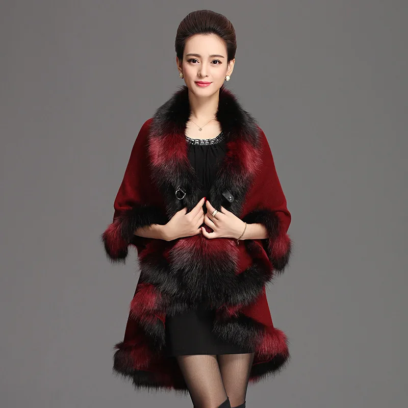 

Autumn Winter Imitation Fox Fur Collar Cape Knitted Cardigan Loose Coat Warm Poncho Lady Capes Red Cloaks