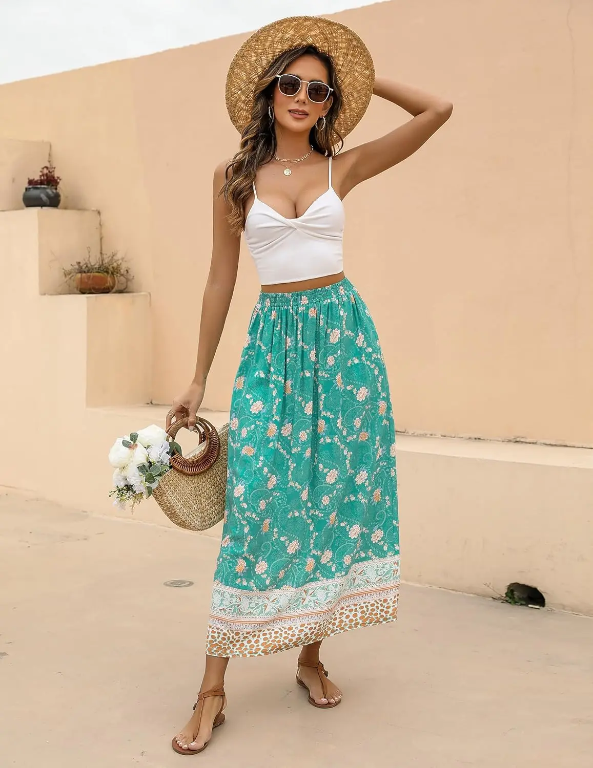 Luxy Trio Gonna floreale Boho da donna 2025 Gonne lunghe casual elastiche a vita alta Gonna lunga da spiaggia fluida